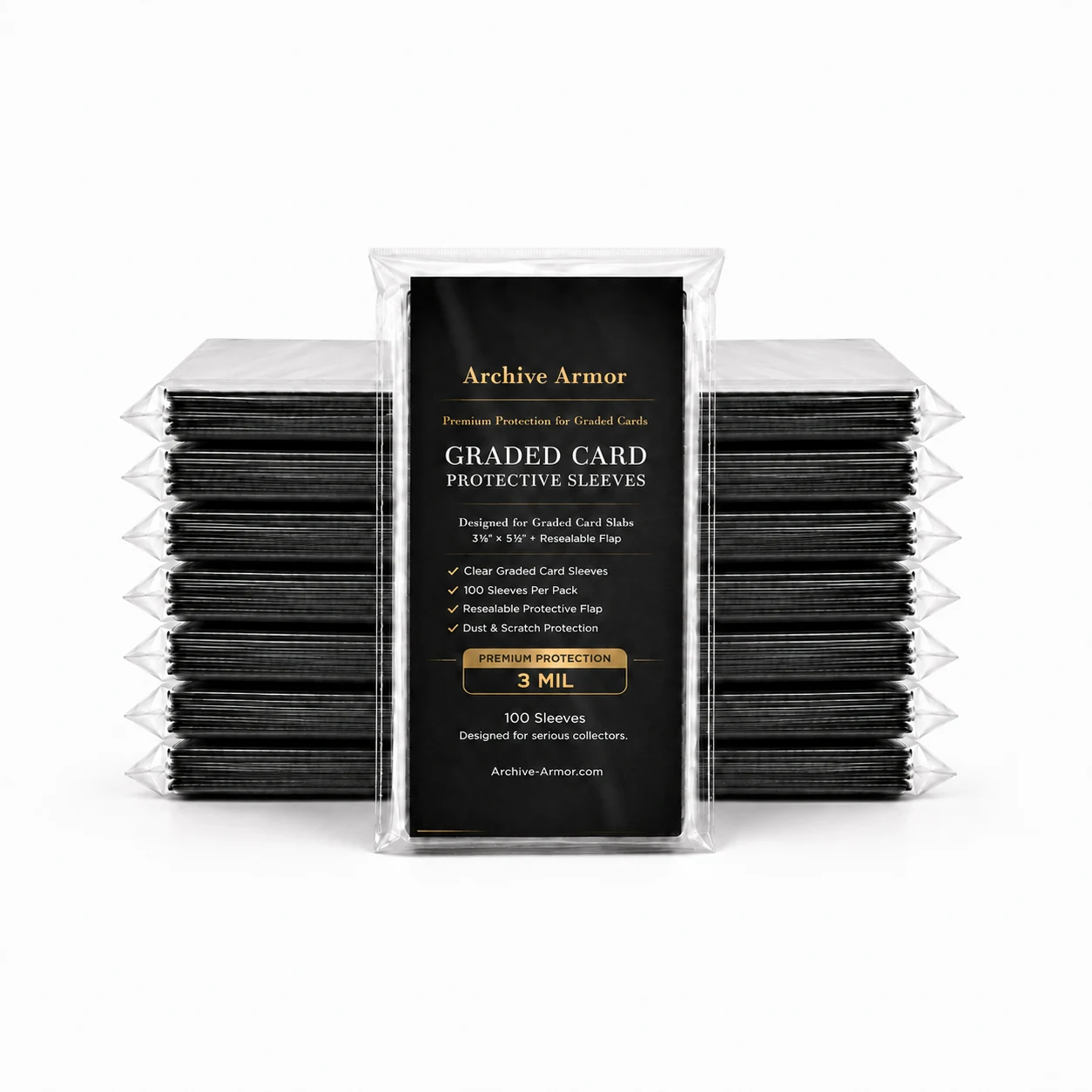 Archive Armor Premium 3 Mil graded card sleeves: black-label 100-sleeve pack with stacked sleeved slabs